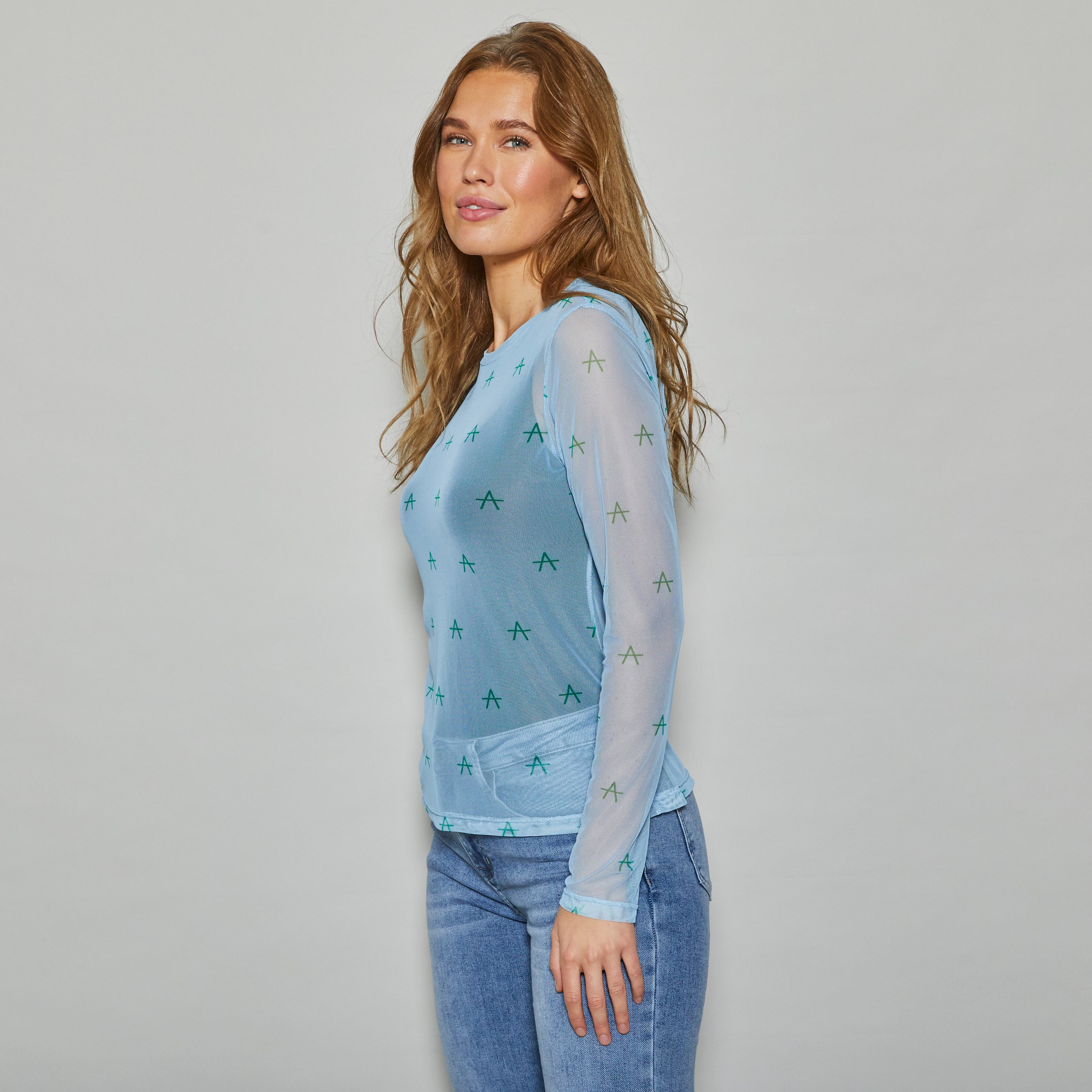 ALLWEEK Fro mesh blouse Blouse Light blue with green A print