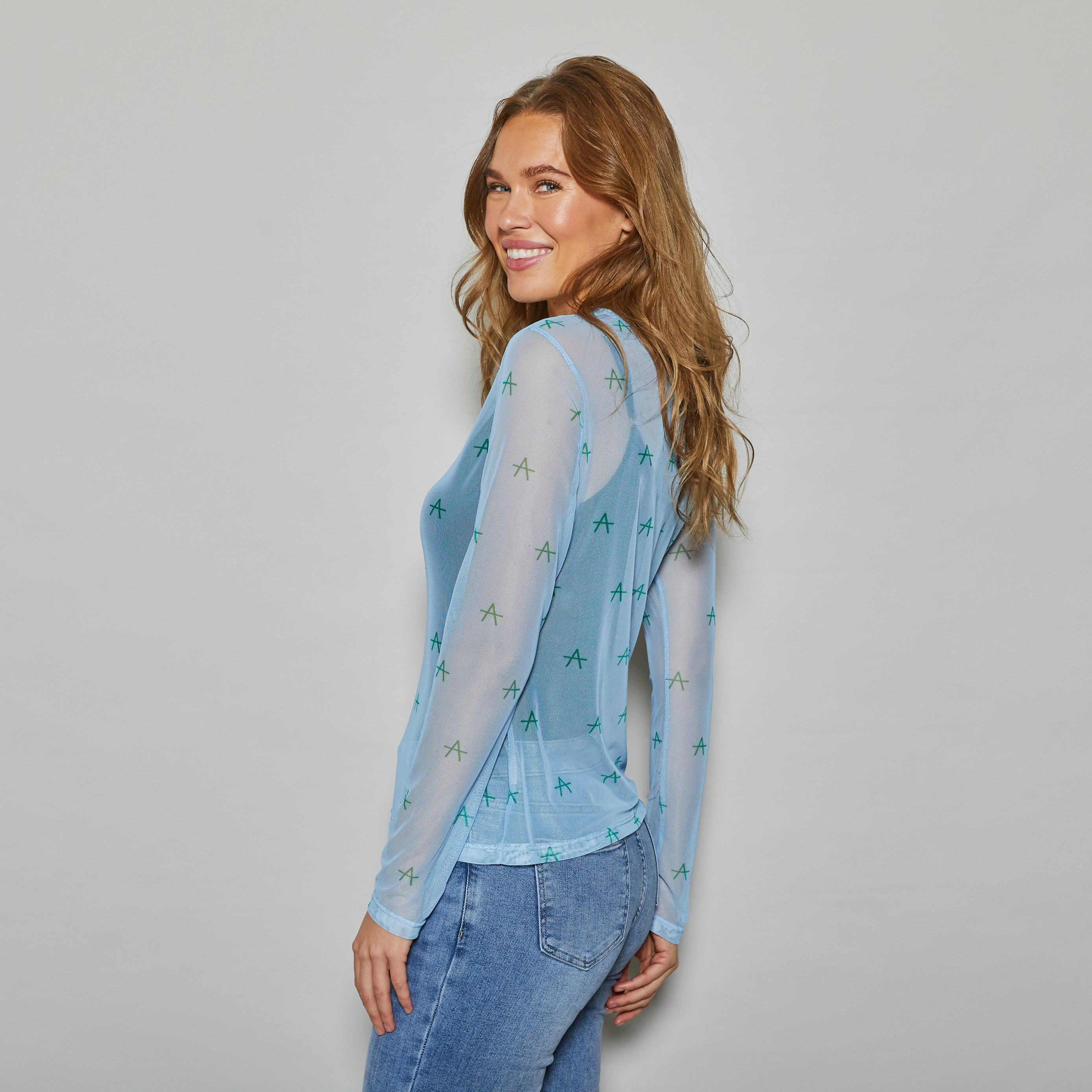 ALLWEEK Fro mesh blouse Blouse Light blue with green A print