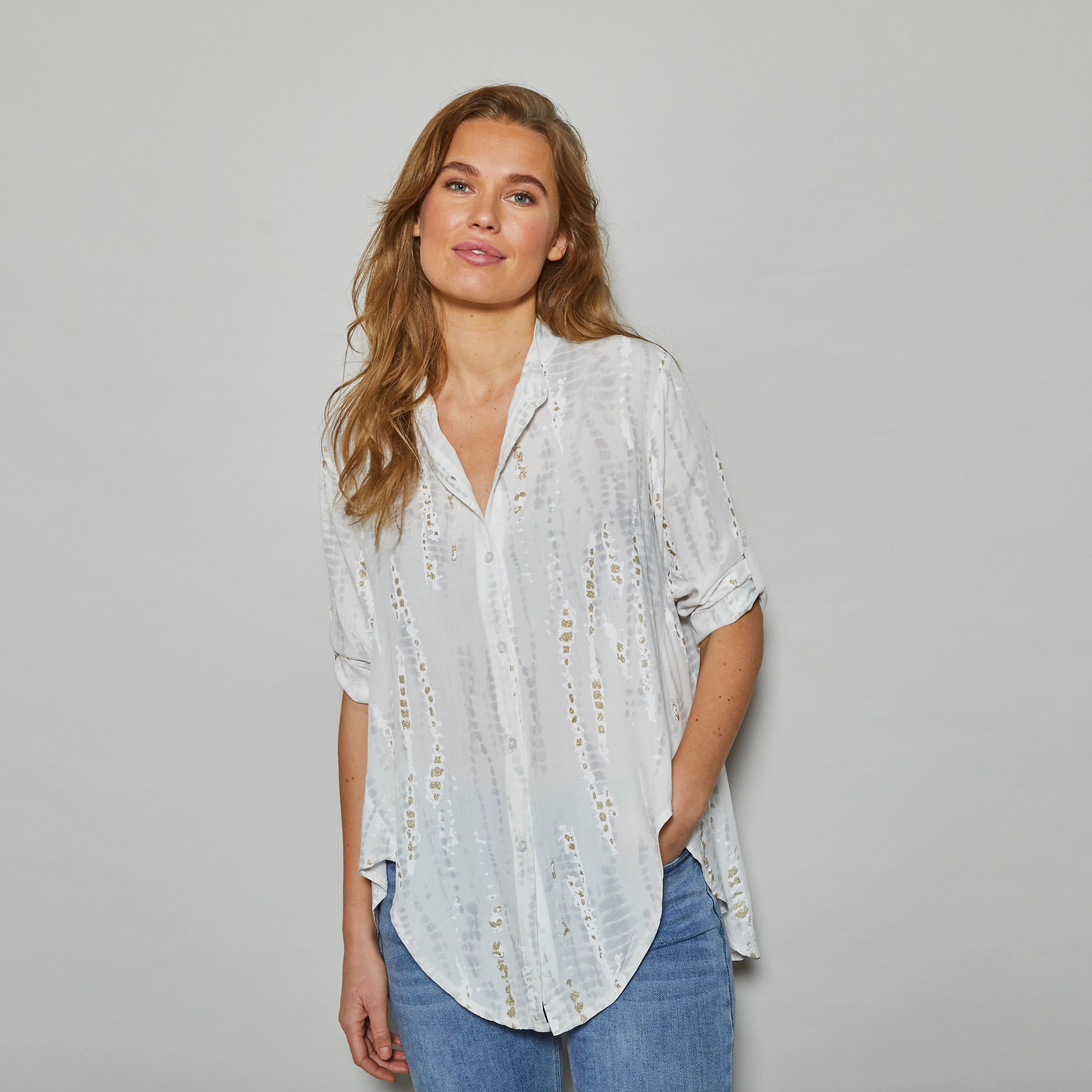 ALLWEEK Ghita 3/4 shirt Shirt Offwhite with grey and gold print